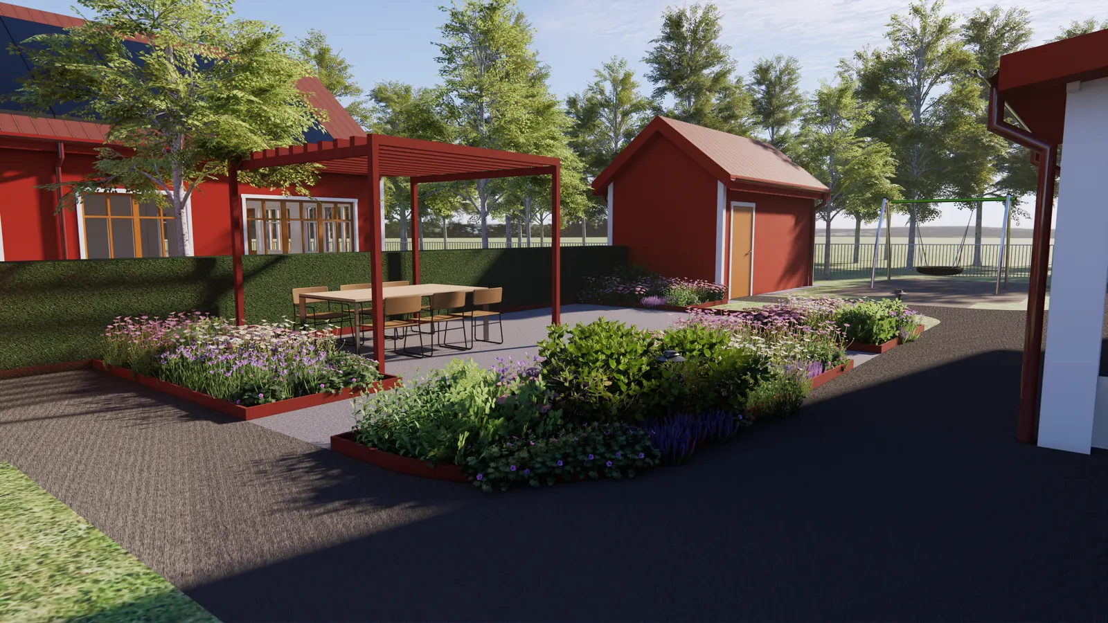Innergård med pergola och planteringar