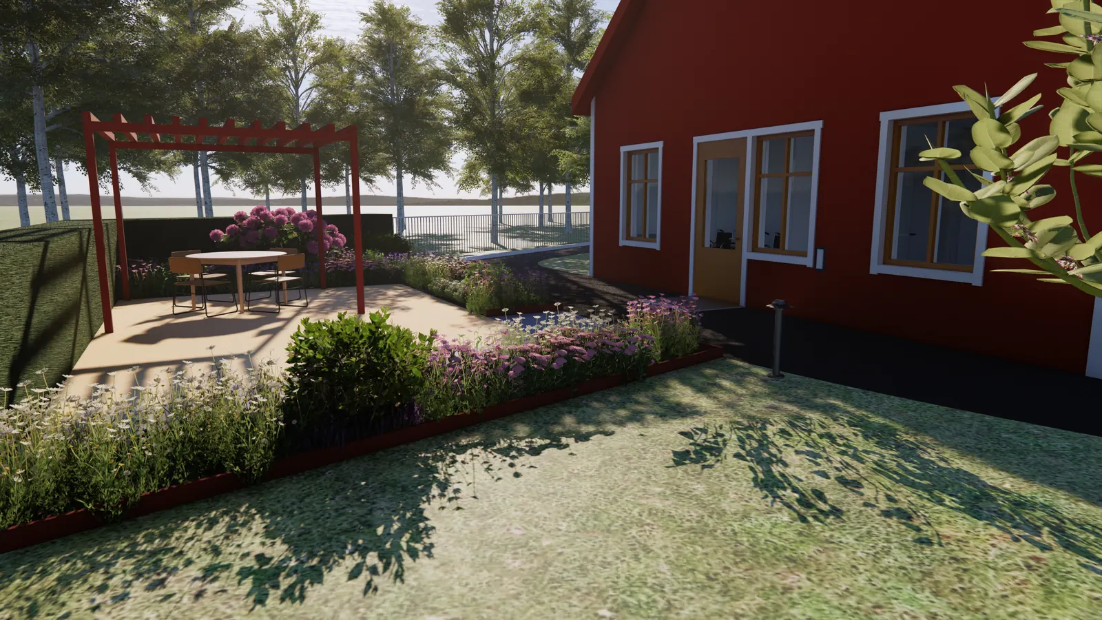 Uteplats med pergola vid en av bostadsdelarna